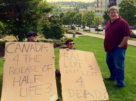 dos canadienses se manifiestan frente a las oficinas de valve para exigir el lanzamiento de half-life 3