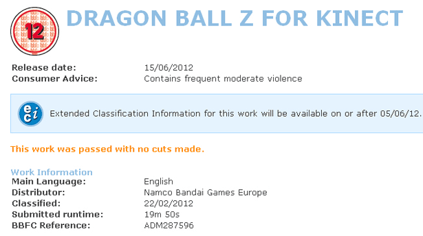 Dragon Ball Z Kinect pasa también por la BBFC Dragon Ball Z Kinect pasa también por la BBFC