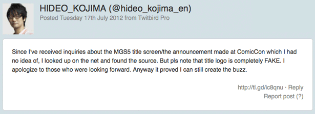 Kojima confirma que lo de Metal Gear Solid 5 es un fake como un castillo